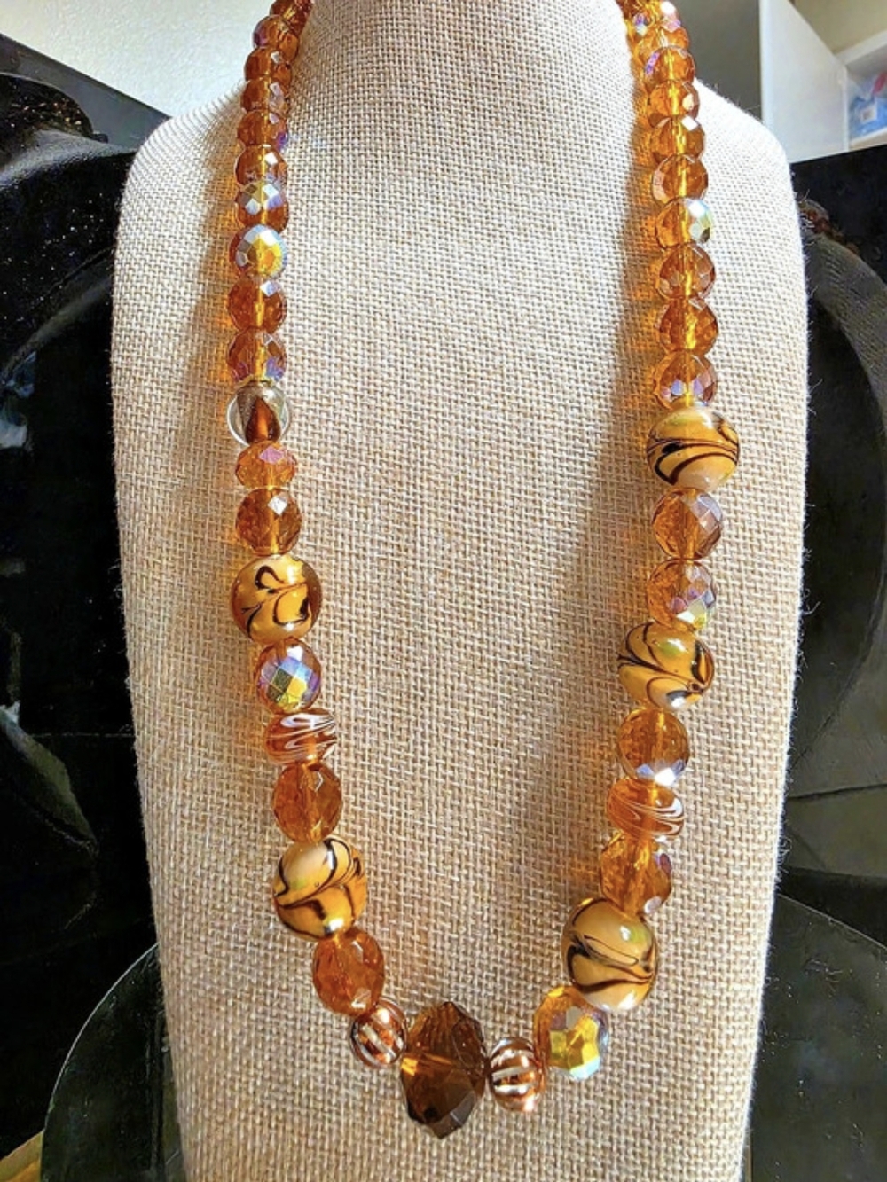 Vintage Amber & Cream Swirl Glass Bead Statement Necklace AB Faceted Crystal
